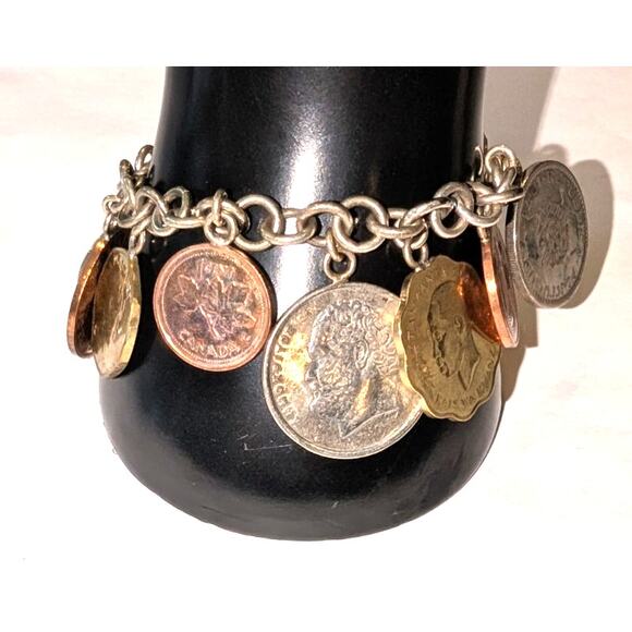 Vintage 925 Sterling Silver Italy International Coin Charm Bracelet 7.5 inches - Picture 9 of 9